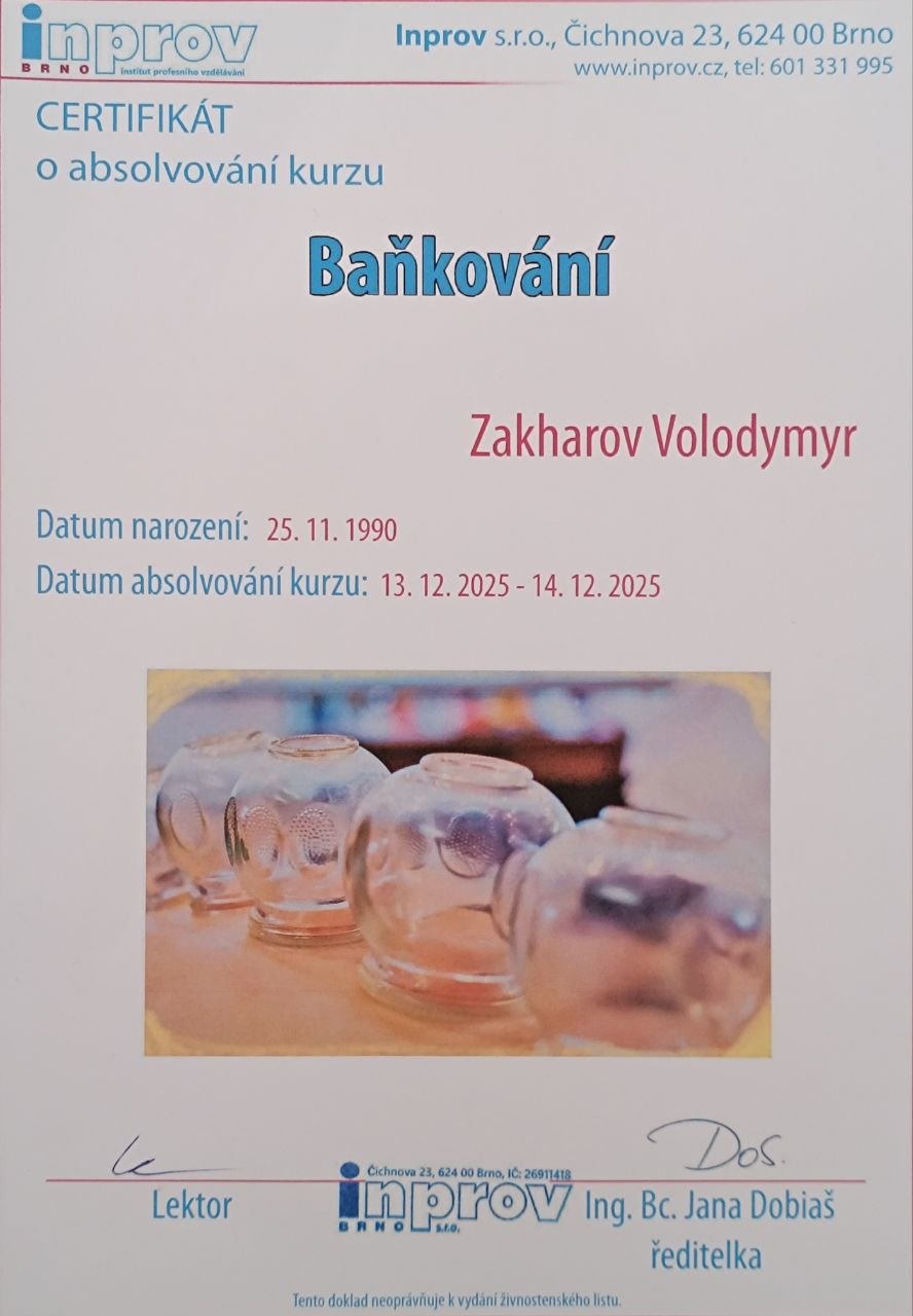 Certifikát o absolvování kurzu baňkování – Masérské studio MasérOK – Znojmo