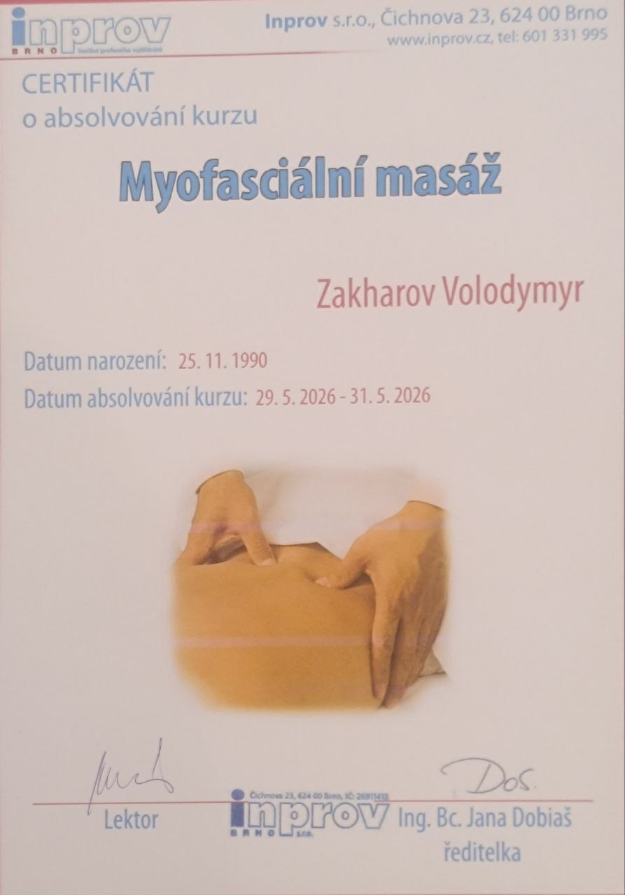Certifikát odborného kurzu – Masérské studio MasérOK – Znojmo